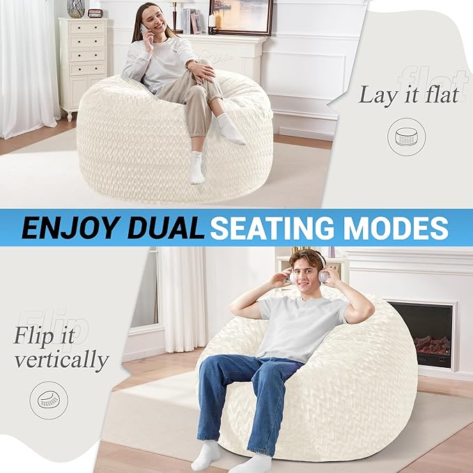 HABUTWAY 3FT Bean Bag Chair,Giant Bean Bag Chairs for Adults,Big Bean Bags with Memory Foam Filled, Large Beanbag Chairs with Chevron Plush Cover-White