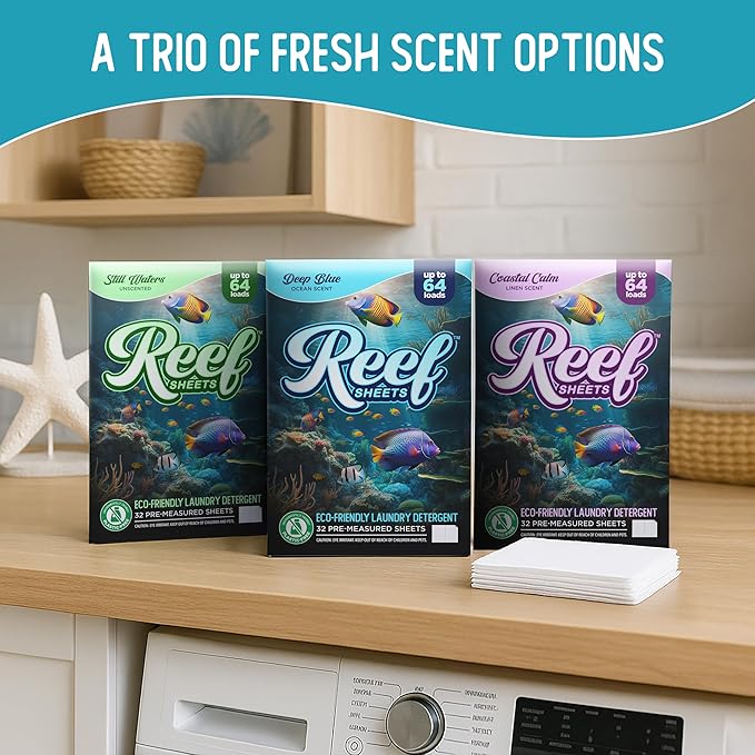 Reef Sheets Laundry Detergent Sheets, 64 loads, Hypoallergenic & Plastic-Free Eco-Friendly Packaging, Gentle on Skin, Tough on Stains, Travel-Friendly, Coastal Calm Linen Scent, 32 ct