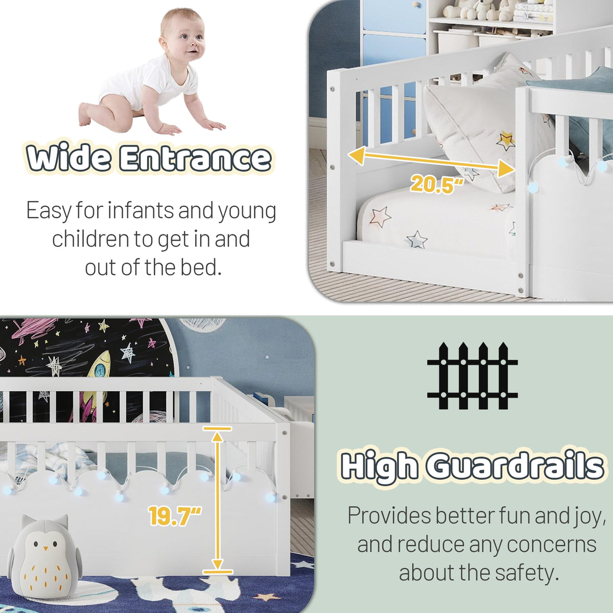 Twin Size Floor Bed with High Rails, Solid Wood Montessori Bed with Lights & Storage Shelf for Baby,Kids Bed Frame for Girls, Boys, Floor Bed Frame Without Slats,White