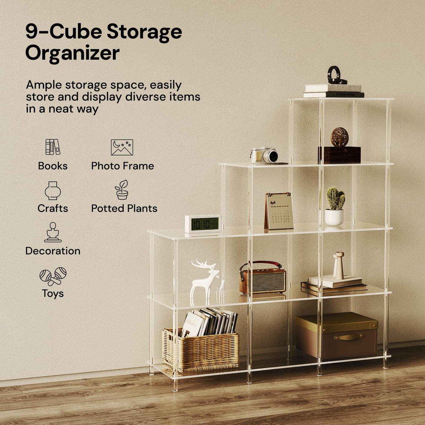 CRTERICX 5-Tier Acrylic Stepped Bookshelf, 9 Cube Bookcase, Clear Open Book Shelf for Home Office, Living Room, Bedroom, Easy Assembly, 11.8" D x 40.6" W x 46.1" H