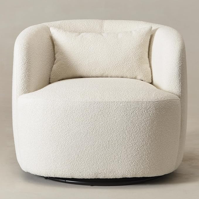 KINWELL 34" Wide Boucle Swivel Barrel Chair, No Assembly Round Upholstered Armchair Accent Chair Single Sofa Chair with Toss Pillow for Living Room and Bedroom, Beige