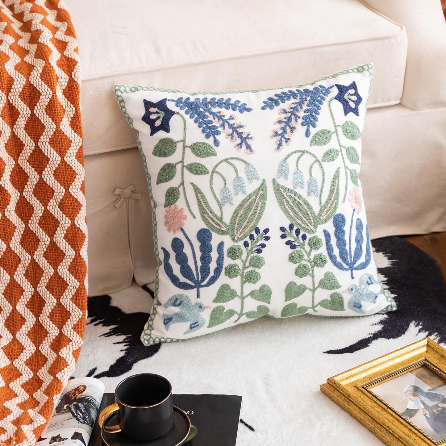 YIcabinet Pillow Covers Set of 2, Embroidered Branch Pattern Throw Pillow Cover,Square Cotton Cushion,Pillow Case for Sofa Bedroom Couch,18"x18"