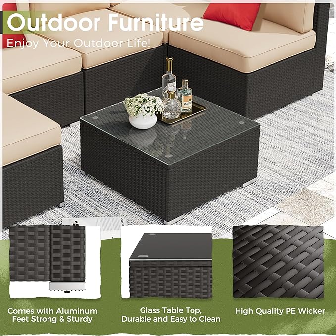 Crownland 7 Pieces Outdoor Patio Furniture Sets, All-Weather Black Wicker Rattan Sectional Sofa, Modern Glass Coffee Table and Washable Seat Cushion with Zipper,Light Brown