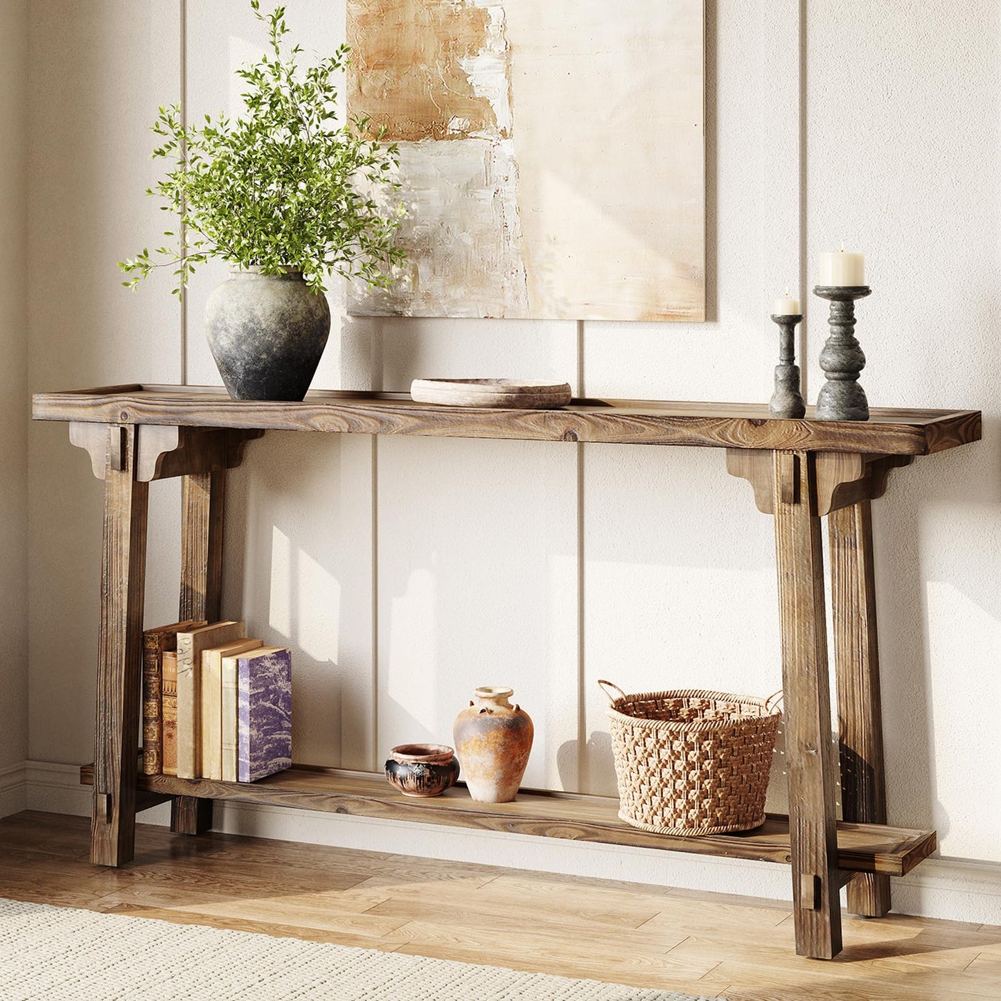 TRIBEWOOD Solid Wood Console Table for Entryway, 63-Inch Long Farmhouse Sofa Table Behind Couch with 2-Tier Storage, for Living Room, Foyer, Hallway, Entrance, Rustic Brown