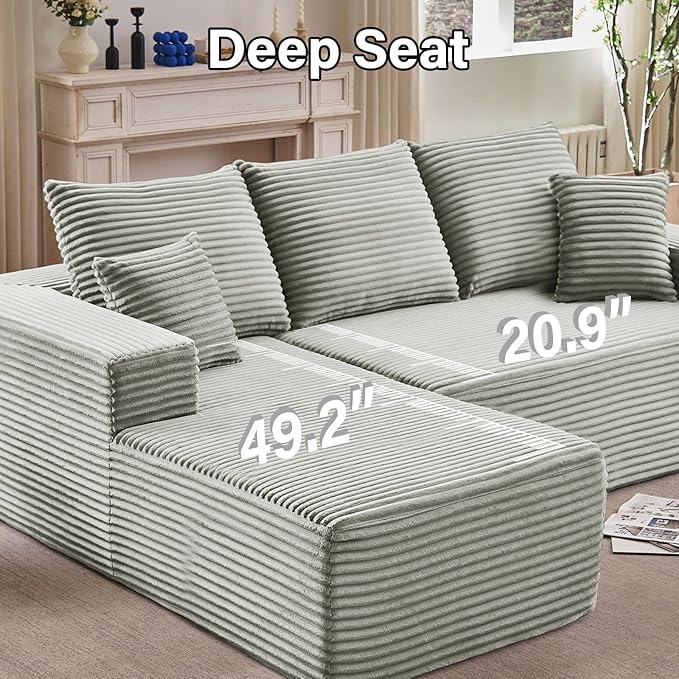 107" W Cloud Sectional Couch with L-Shape Chaise, Modern Corduroy Boneless Couch for Living Room,Memory Foam Sofa with Deep Seat,No Assembly Required (Grey,Left-Facing Chaise)