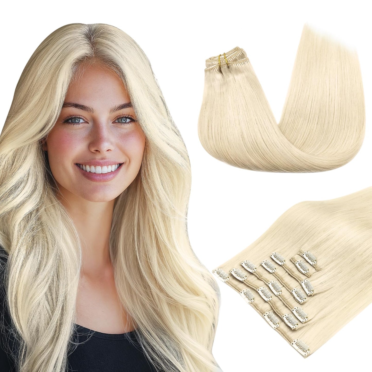 MAXITA Clip in Hair Extensions - Platinum Blonde Real Human Remy Hair, 120g 7pcs 22 Inch, Straight Long Natural