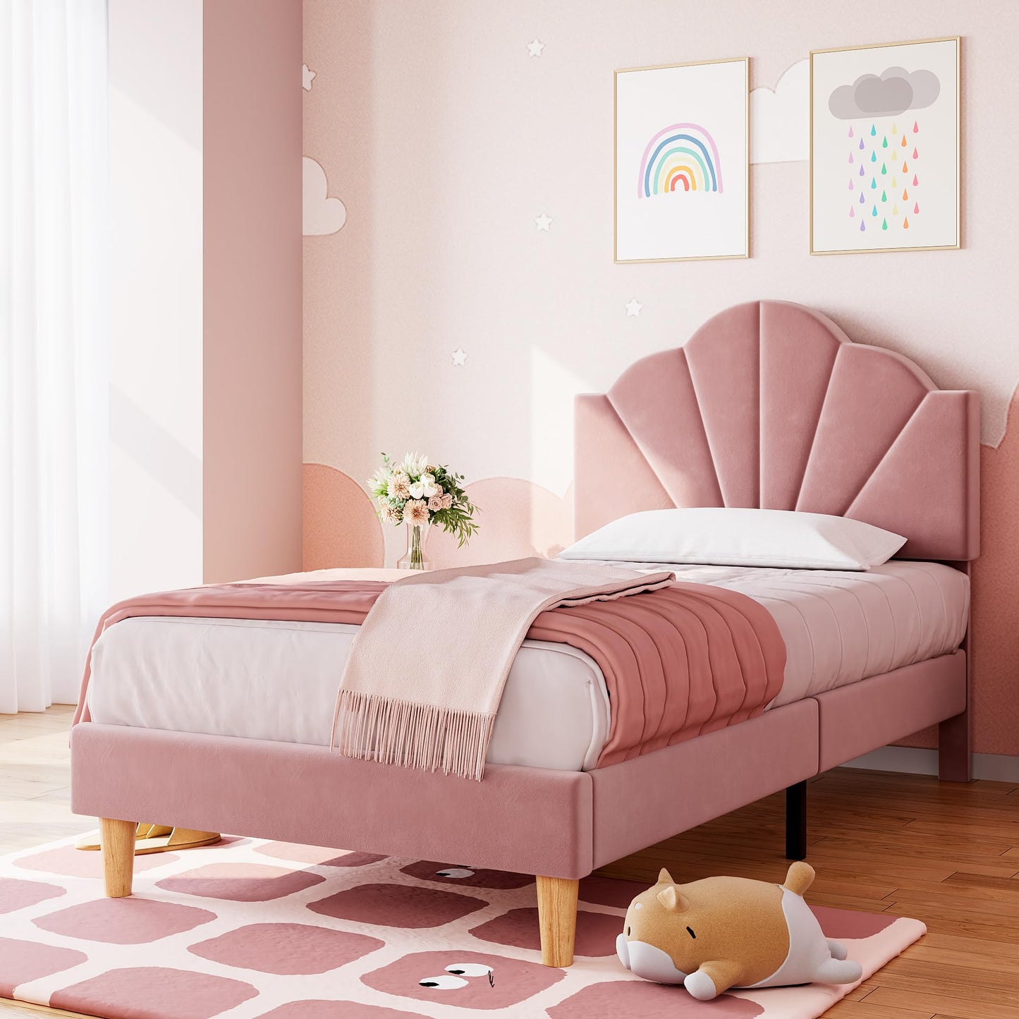 IDEALHOUSE Twin Bed Frame, Velvet Upholstered Platform Bed Frame with Height Adjustable Headboard for Boys & Girls, Wood Slat Support, Easy to Assemble, No Box Spring Needed, Light Pink
