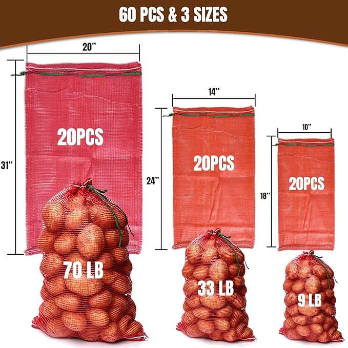 60 Pack 3 Sizes Mesh Onion Bags (18"x10", 24"x14", 31"x20"), Reusable Drawstring Fresh Produce Storage Bags for Onions, Vegetables, Potatoes, Citrus, Crawfish Firewood