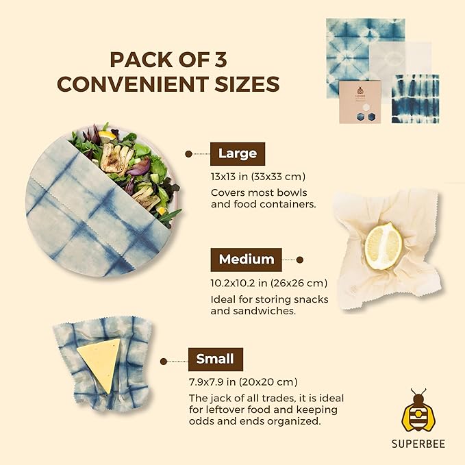 SUPERBEE Beeswax Wrap for Food, Set of 3 Bees Wax Wraps, Reusable Bees Paper for Wrapping Vegetables, Cheese, Bowl Covers and Sandwich Wrapping Paper, Beeswax Food Wraps (BeeIndigo)