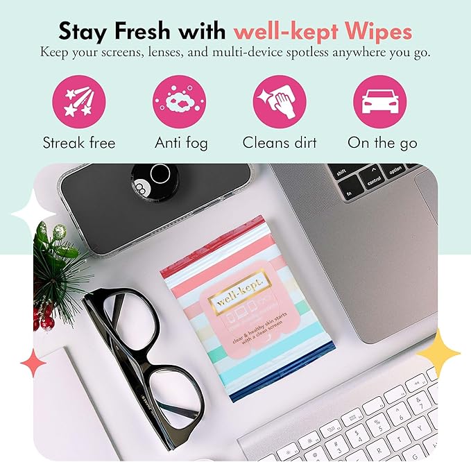 Well-Kept Tech & Lens Wipes - Eyeglass, Screen & Phone Cleaning, Multi-Surface, Lint-Free, Pre Moistened, Streak-Free & Non Scratching - Better Days, 6 Pack (90 Count)