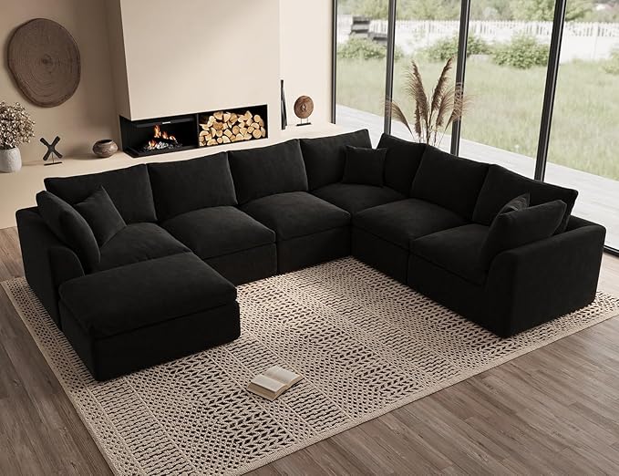 ohllob Oversized Sectional Couches for Living Room, Cloud Boneless Couch, 7 Seater Large Modular Sectional Sofa, Black