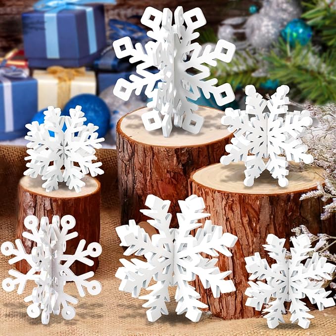 OuMuaMua 6 Set Snowflake Christmas Table Decorations - 12pcs White Wooden 3D Snowflake Decor Tabletop Centerpiece for Chri...