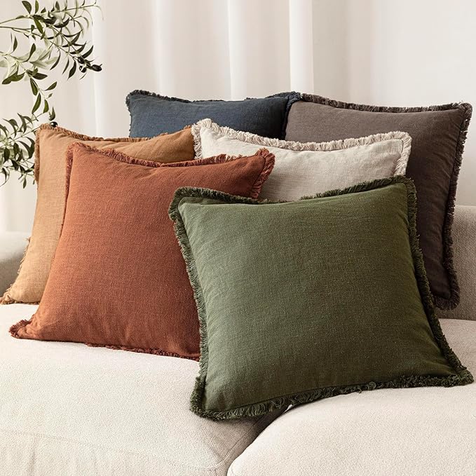 Foindtower Set of 2 Decorative Linen Fringe Throw Pillow Covers Boho Farmhouse Cushion Cover with Tassels Soft Accent Pillowcase for Couch Sofa Bed Living Room Home Decor,22×22 Inch,Orange Brown