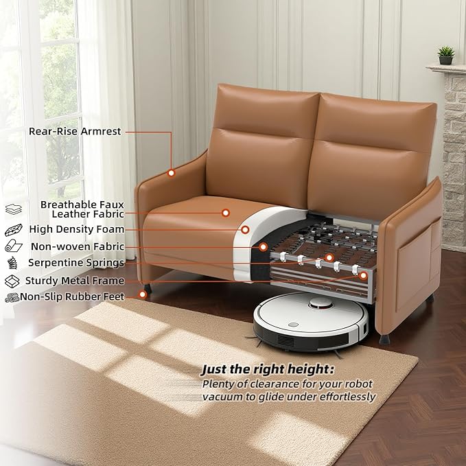 Tbillionnext 3-Piece Living Room Sofa Set, Faux Leather Loveseat & Accent Chairs Set of 2 with Hidden Foldable Tray & Side Pocket, Rear Contour Arm Design, Upholstered Sofa Set for Office, Brown