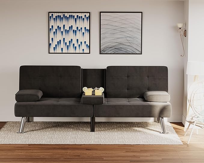 Flamaker Futon Sofa Bed Modern Folding Futon Set Linen Fabric Convertible Recliner Lounge for Living Room with 2 Cup Holders, Removable Armrests (Fabric, Black)