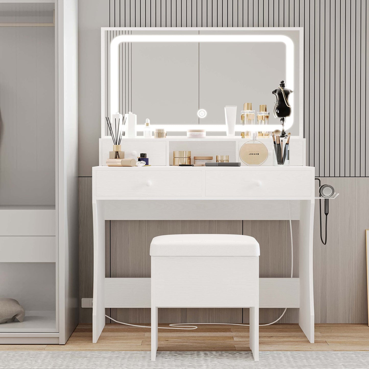 LIKIMIO Vanity Desk with LED Lighted Mirror & Power Outlet & 4 Drawers, Makeup Table Set with Storage Stool and Hair Dryer Stand, White