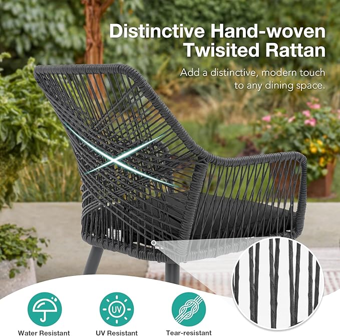 Patiorama Patio Dining Chair Set of 4,Woven Rope Outdoor Dining Chairs w/Steel Frame,All-Weather Twisted Rattan Chairs w/Armrest & Cushion,Outdoor Dining Wicker Chairs for Backyard Garden(Dark Grey)