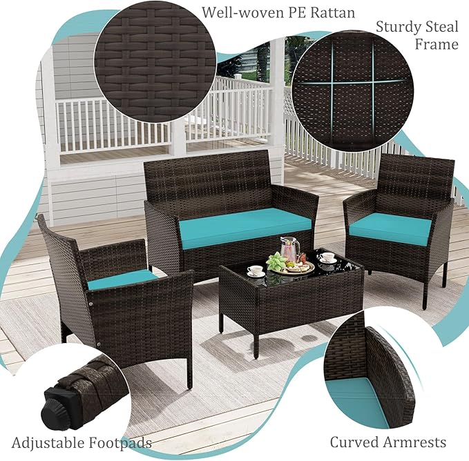 KOTEK 8 Piece Patio Furniture Set, Outdoor Rattan Conversation Set with Loveseat, Wicker Chairs, Tempered Glass Coffee Table, Wicker Patio Set for Backyard, Porch (Turquoise)