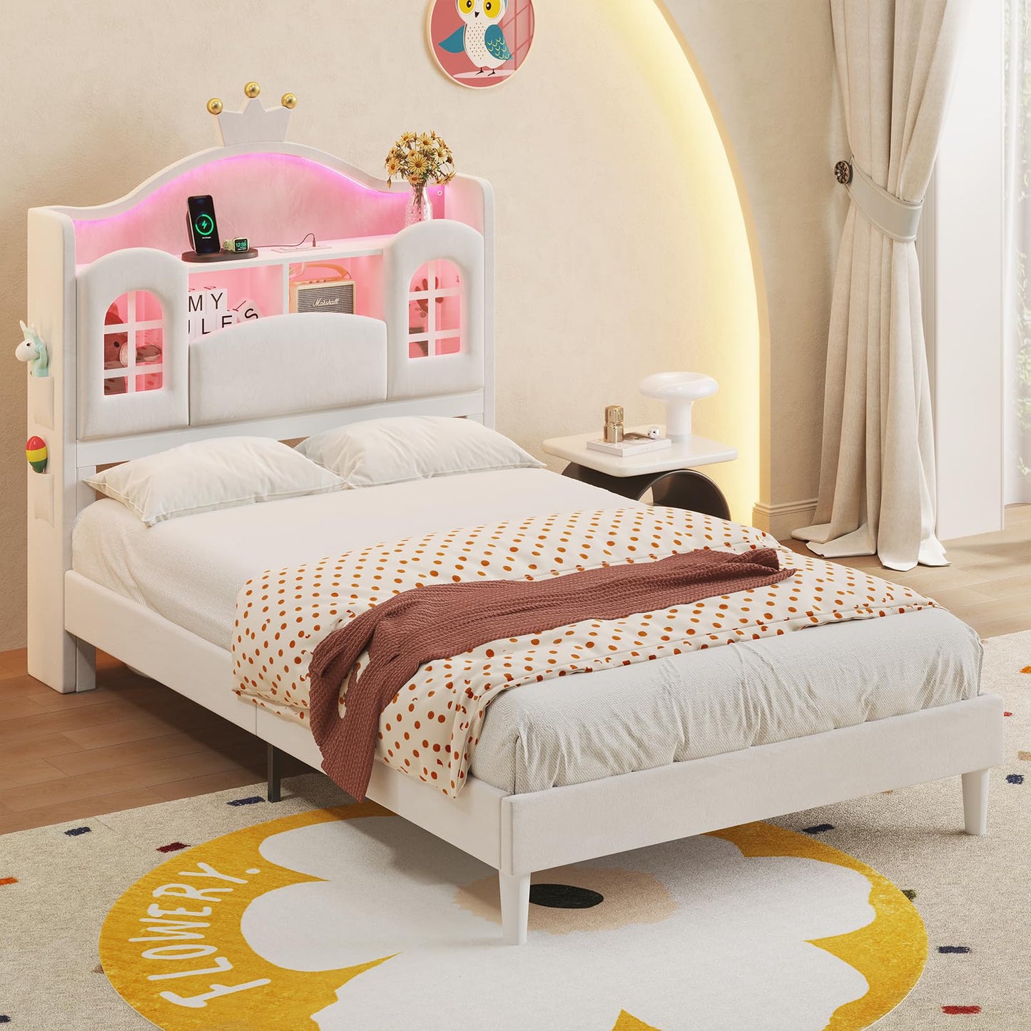 Dnxao Twin Bed Frames with Storage Headboard,4 Pockets, Princess Bed with LED Lights,Charging Station,Girl Bed with Solid Wood Slats Support,Easy Assembly,Creamy White