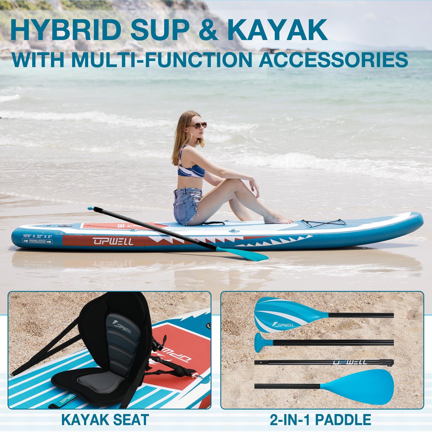 UPWELL 10’6”Inflatable Stand Up Paddle Board with Seat, SUP Inflatable Paddle Boards for Adults Paddleboards, Blue Shark