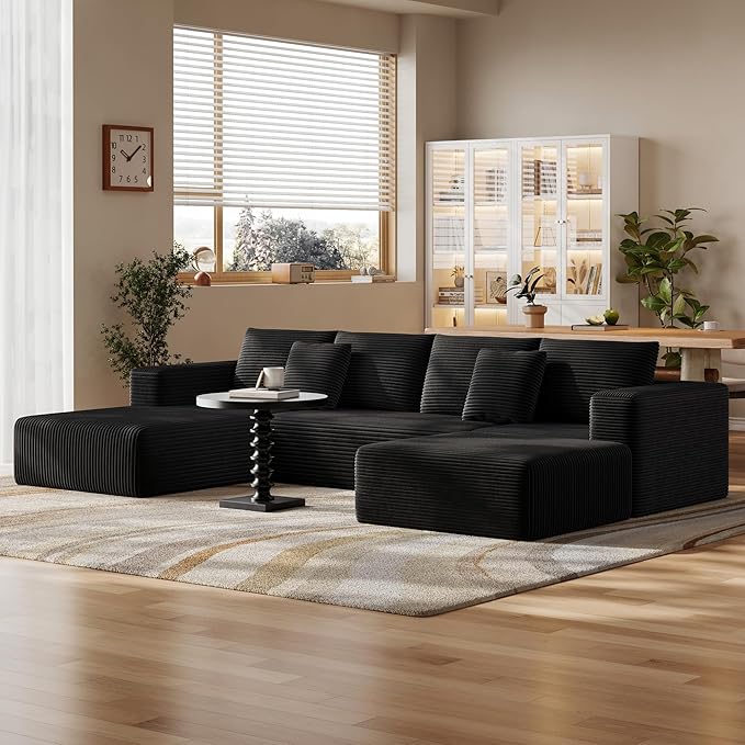 Fancyfire 134.6" Cloud Modular Sectional Couch with Chaise and Pillows,Ultimate Comfort U-Shaped Deep Seat Sofa,Boneless Couch Upholstered 3-Seater Sofas for Living Room, No Assembly Required(Black)