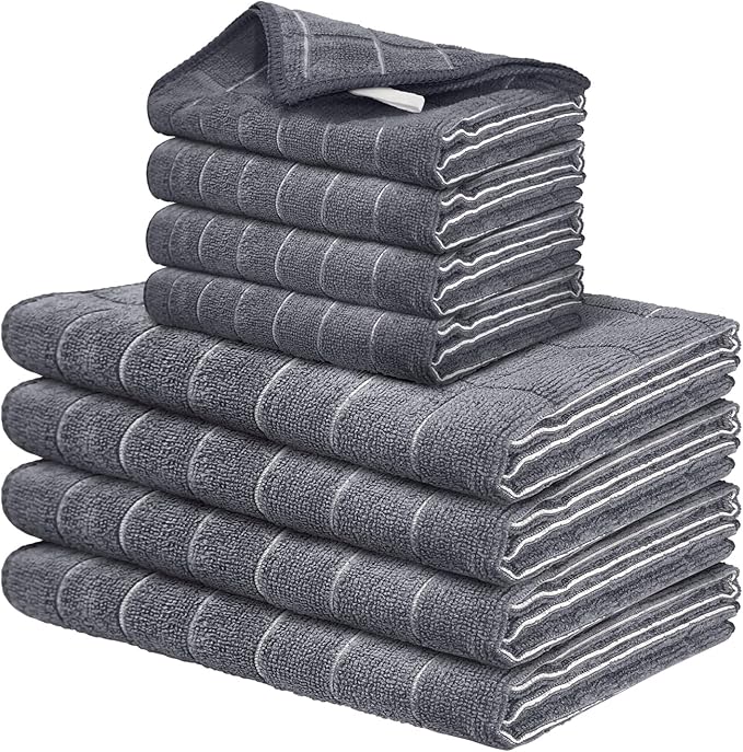 FGSAEOR Microfiber Kitchen Towels & Dish Cloths Set - Premium Ultra-Soft, Super Absorbent, Quick-Drying Dish Towels - Grey Checkered, 8-Pack (12"x12" & 18"x26") for Dishes, Multi-Purpose