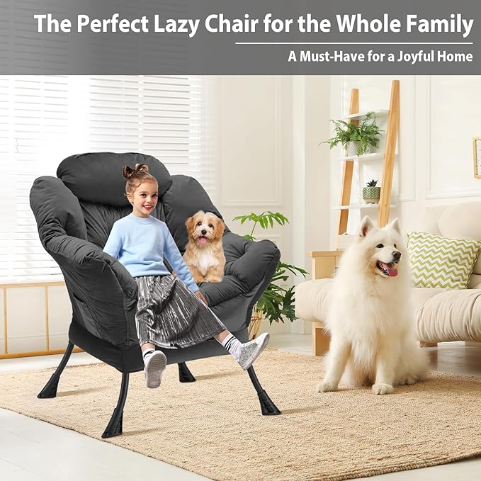 Youtanic Lazy Chair Thick Padded, Comfy Velvet Accent Lounge Chair with Stable Frame, Leisure Sofa Armchair with Armrests and Side Pocket, Reading Chair for Bedroom, Living Room, Office, Charcoal