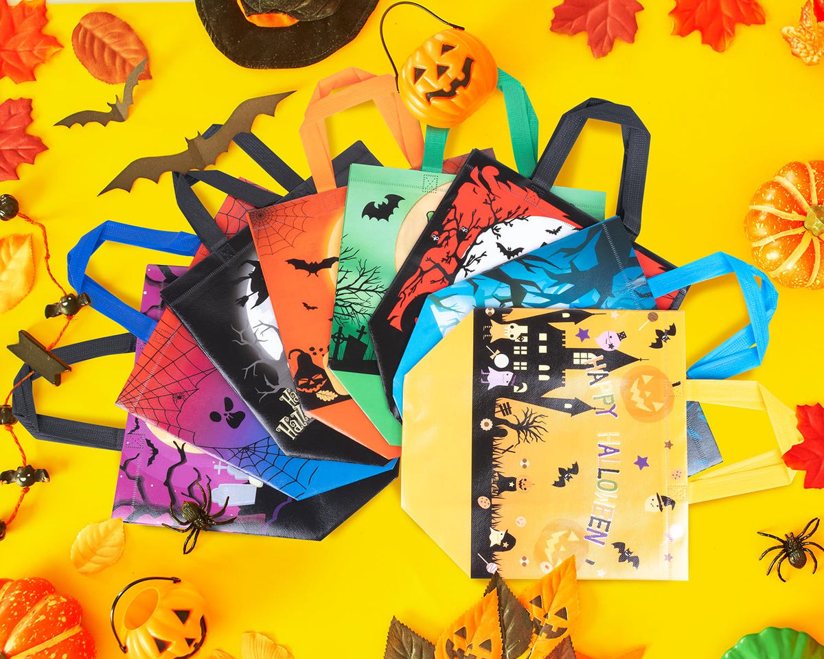 XiaosRen 8Pcs Multifunctional Non-Woven Tote Bags with Handles, Large Reusable Happy Halloween Bags for Gifts, Party Supplies, 12.6x10x6.7