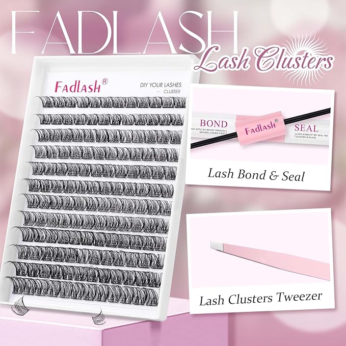FADLASH Lash Clusters Kit 12-18mm Eyelash Cluster Lashes with Lash Bond and Seal Lash Tweezers DIY Lash Extension Kit (F4-07D-12-18 Kit)