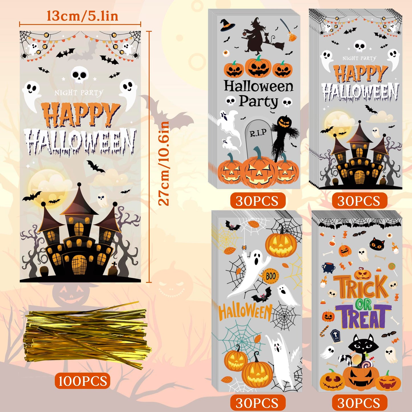 Halloween Party Favors - 120 PCS Halloween Cellophane Treat Bags - Goodie Bags for Kids | Candy Snack Cookie Trick or Treat Gift Basket Party Decorations Crafts Supplies Indoor Outdoor,5.1x10.6 Inch