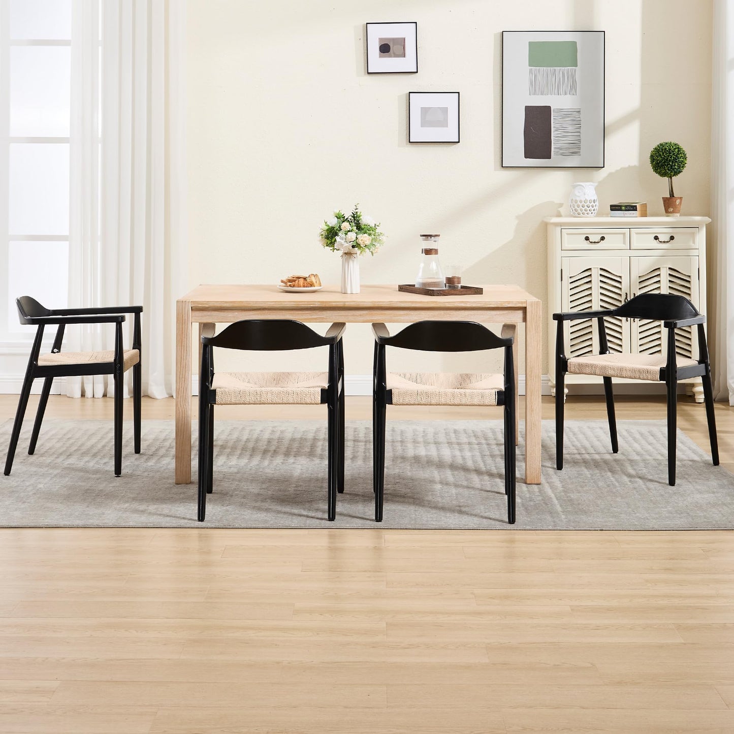 Mid Century Dining Chairs Set of 6, Black Wood Modern Kitchen Chairs with Arms, Woven Rope Dining Table Chairs with Hemp Seat