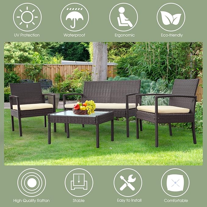 PAOLFOX 4 Piece Outdoor Patio Furniture Set, Rattan Patio Conversation Set with Table,Modern Wicker Chairs and Table Sets,Outdoor Furniture for Porch, Garden, Lawn,Beige