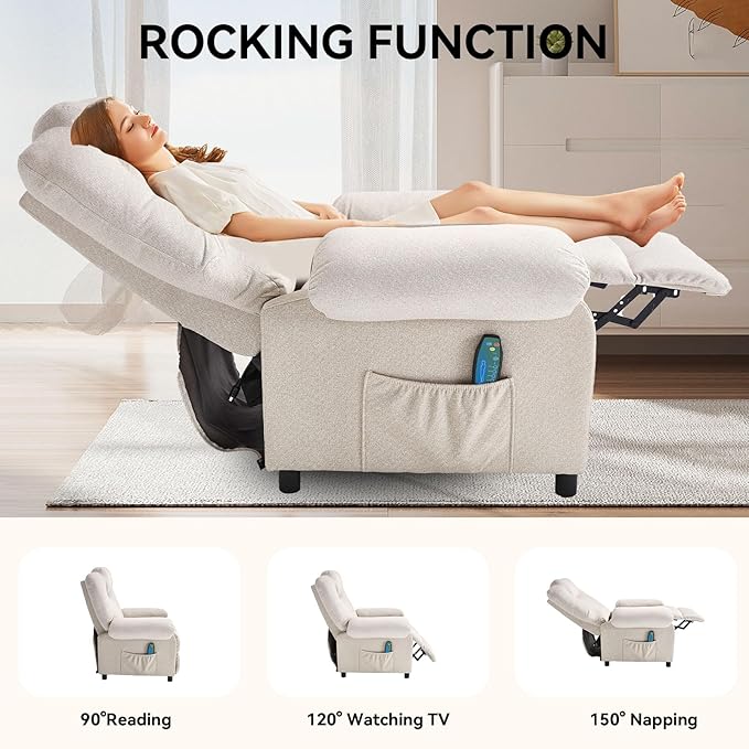 Massage Recliner Chair with Heat Small Recliners for Small Spaces Pushback Recliners Manual Reclining Chairs for Adult, Overstuffed Fabric Single Sofa with Side Pocket for Living Room,Beige