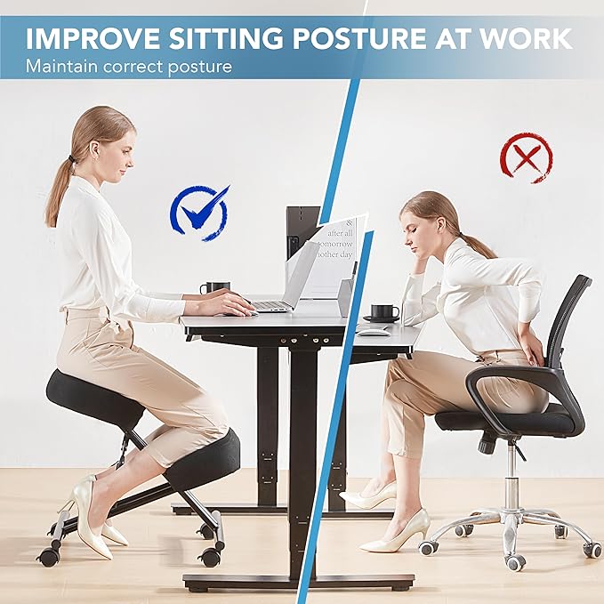 SOMEET Ergonomic Kneeling Chair for Office and Home, Adjustable Stool Posture Chair to Relieve Neck & Back Pain, Brake and Smooth Gliding Casters, Kneeling Desk Chair to Improves Posture, Black Linen