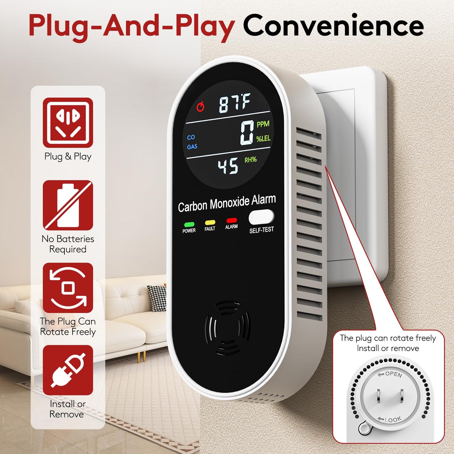 4-in-1 Combination Natural Gas Leak and Carbon Monoxide Detectors, Plug in CO Alarm with Temperature & Humidity LCD Display for Home and Travel (3 Packs)