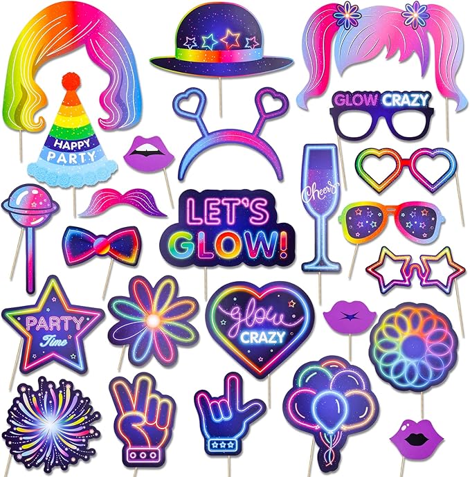 Qpout 25 Pieces Glow Party Photo Props, Neon Party Photo Booth Props, Fluorescent Selfie Props, Glow in The Dark Party Pho...