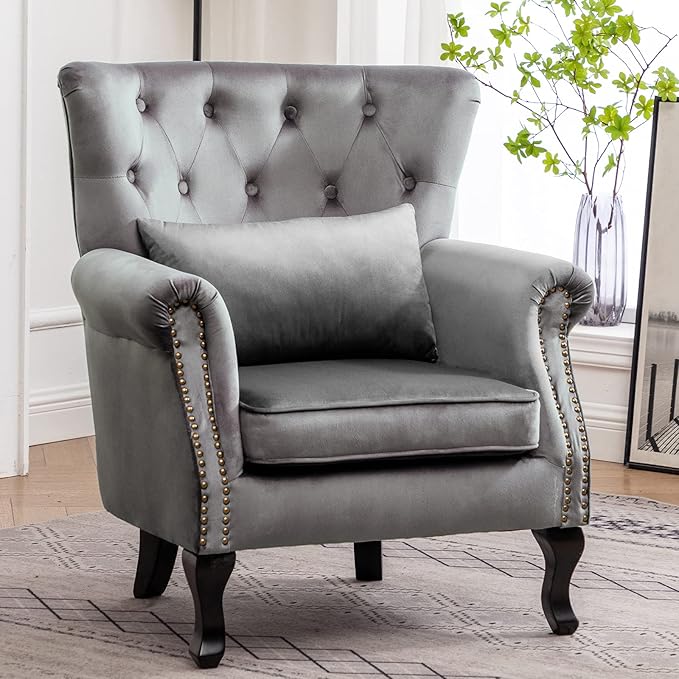 DM Furniture Mid Century Accent Chair Modern Button Tufted Armchair Wingback Club Chair Velvet Single Sofa Lounge Chair with Pillow for Living Room Bedroom, Grey