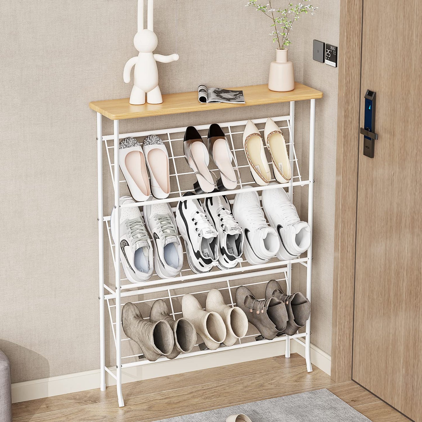JZM Shoe Rack Storage, Narrow 4 Tier Metal Shoe Storage Shelf, Free Standing Shoe Racks, Space Saving Shoe Rack Organizer for Entryway, Hallway, Bedroom, Living Room(12-16 Pair)