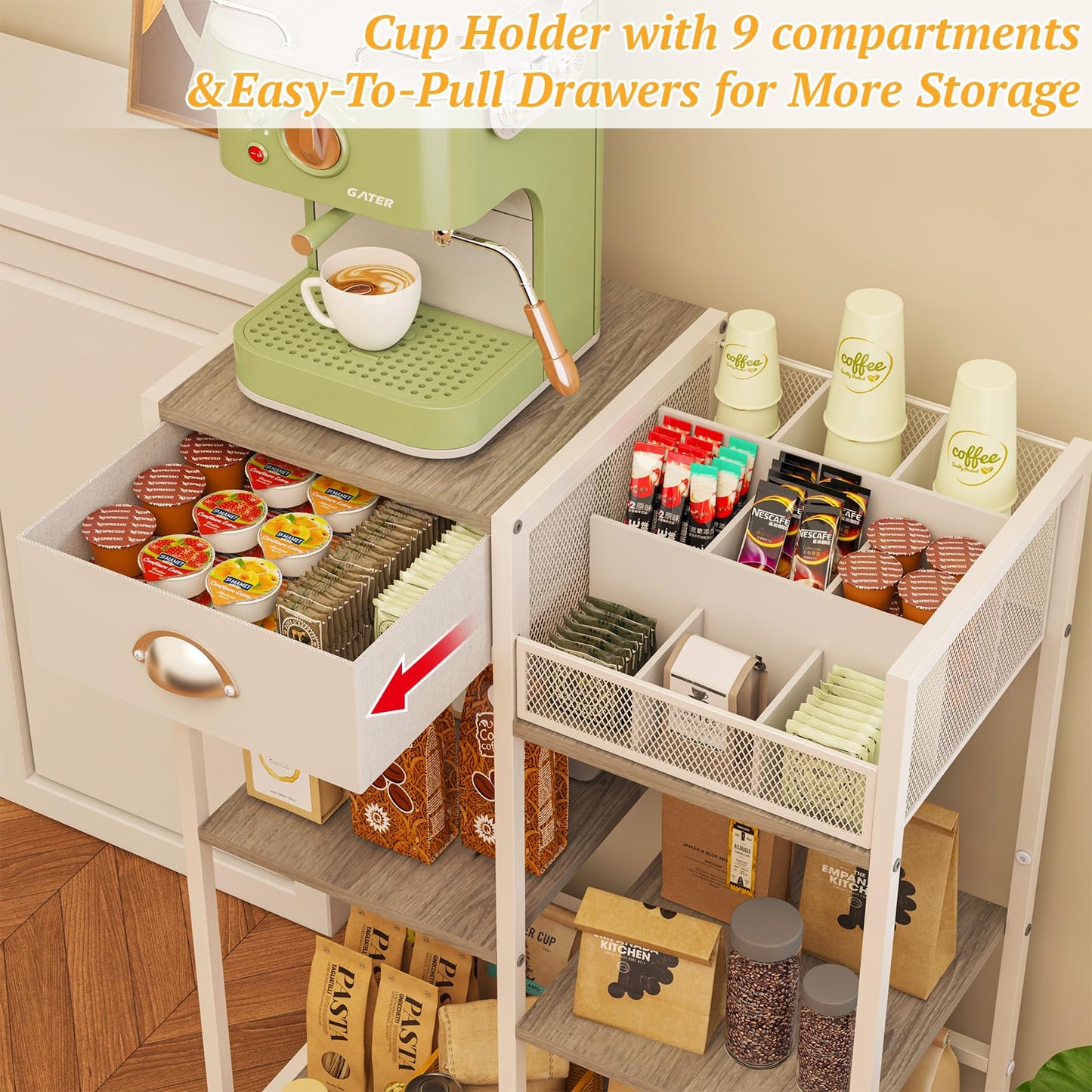 Coffee Bar Station with Drawer, 6 Tier Coffee Table with Dividers for Organizing, 3 Tier White Storage Stand for Living Room/Kitchen/Bathroom