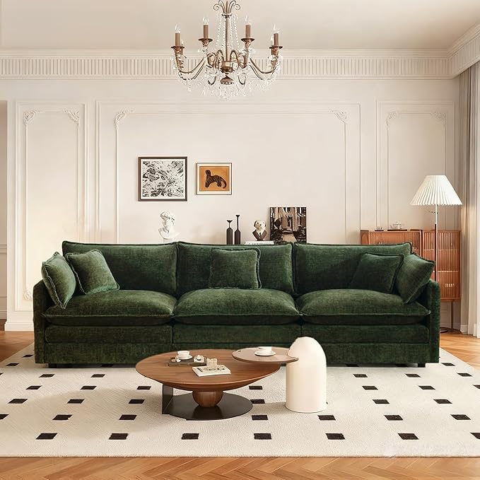 SoarFlash Chenille Sectional Sofa, Comfy Modular Loveseat Sofa, Modern 3-Seat Couch Deep Seat Sofa Set for Living Room,Green