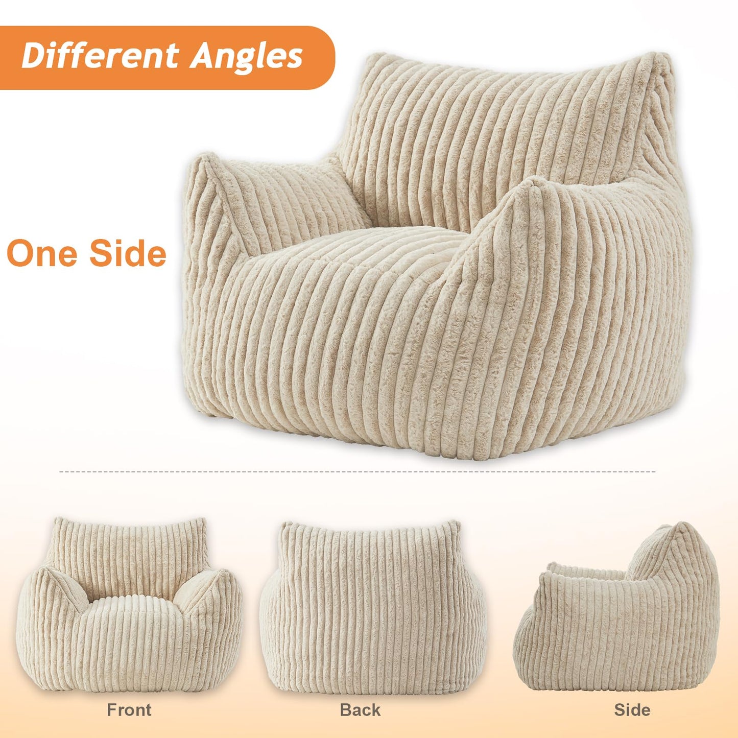 Giant Bean Bag Chairs for Adults with Filling Plush Fluffy Bean Bag Chairs for Teens with Armrests Comfy BeanBag Lazy Couch Sofa Chair for Bedroom Living Room Reading
