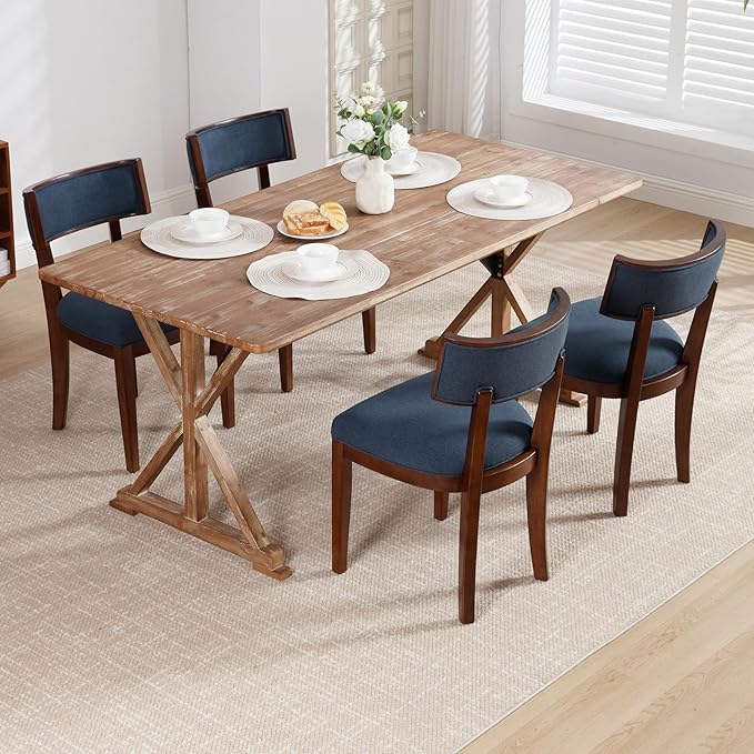 DM Furniture Cozy Upholstered Farmhouse Dining Chair Set of 6, Solid Wood Frame Rustic Side Chair, Curved Back Armless Kitchen Chair for Inviting/Dining/Living Room/Restaurant, Space Saving, Blue