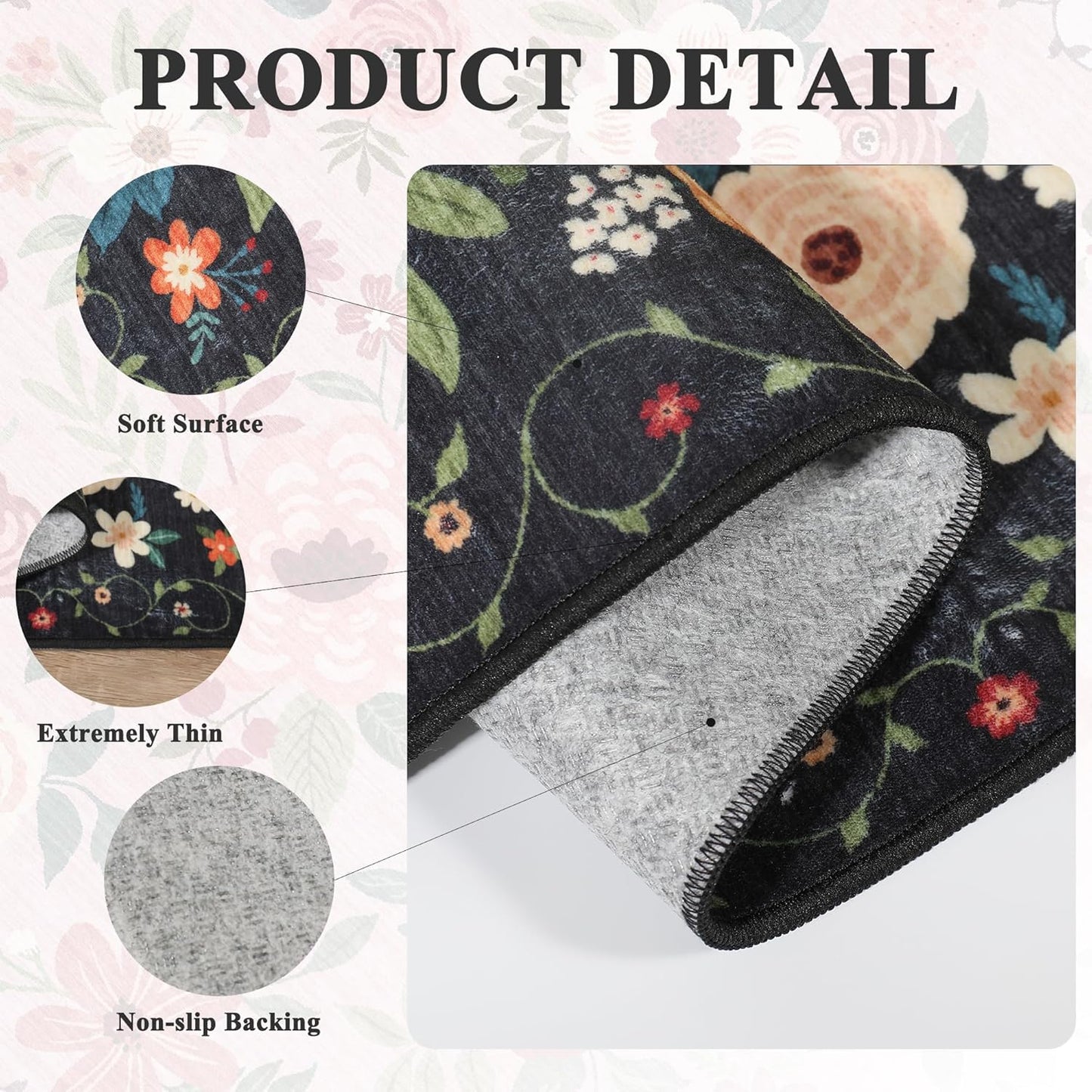 DUKINO 3x4 Area Rug, Lightweight Non Slip Washable Floral Rug, Indoor Low Pile & Non-Shedding Boho Design Carpets for Bedroom, Kitchen, Dining Room, Black