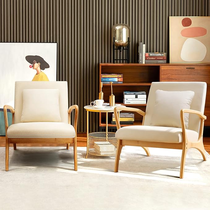 ELUCHANG Accent Chair with Lumbar Pillow,Mid-Century Modern Accent Chair Armchair, Linen Fabric Comfy Reading Chair Lounge Side Chair for Living Room Bedroom Apartment,Easy Assembly(Beige,2PCS)