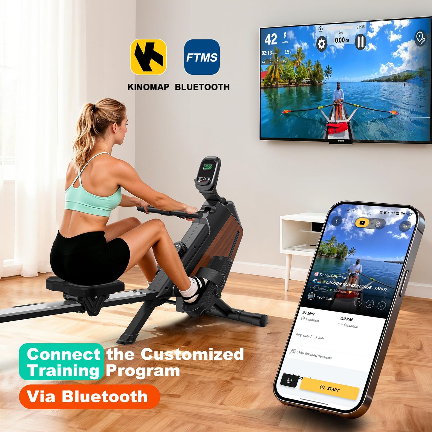 AeroMaze Rowing Machine Magnetic Rower with 16 Resistance Levels, Quiet Home Rowing Machine for Cardio Training, APP Connection, 160 kg Load Capacity, Vertical Storage