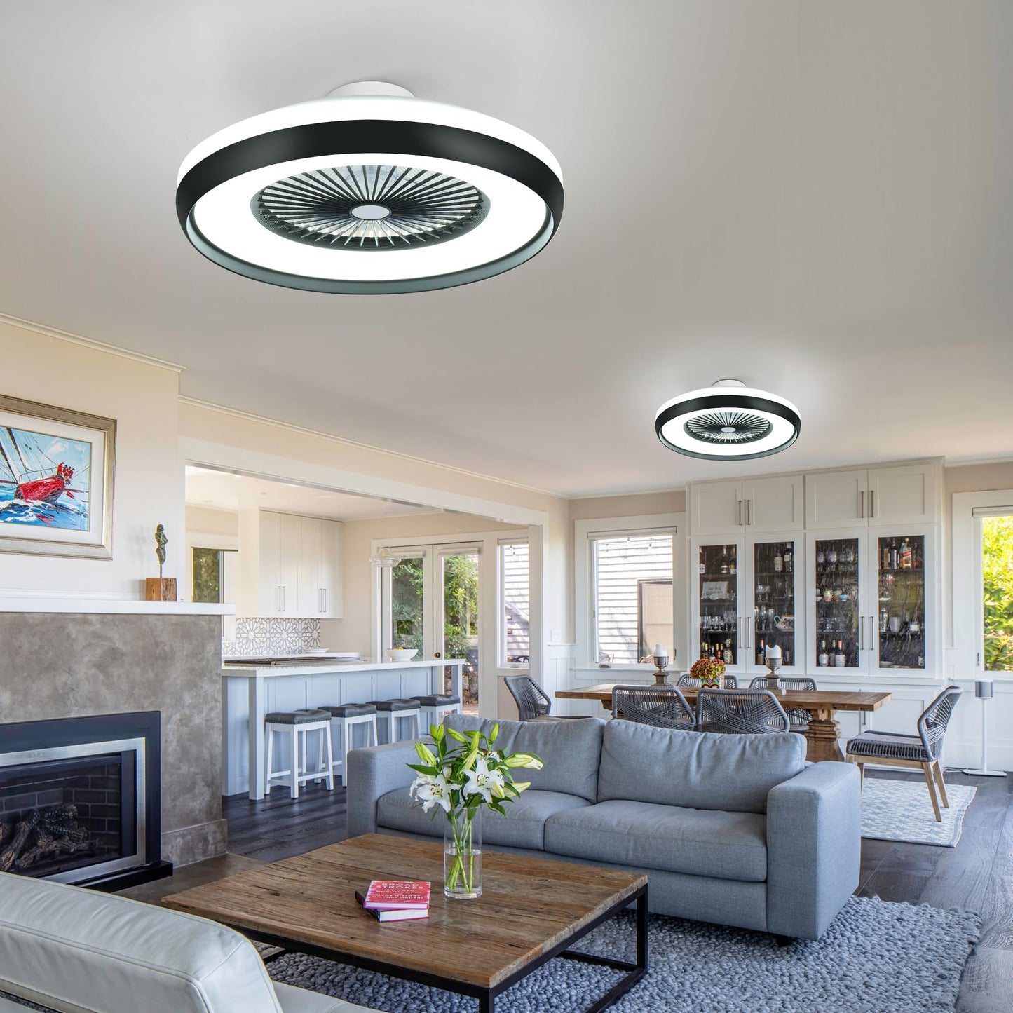 HUMHOLD 24" Bladeless Ceiling Fan with RGB Light Remote, Smart LED Ceiling Fans with Voice/App Control, Modern Low Profile Dimmable Light Ceiling Fan for Bedroom Living Room Black