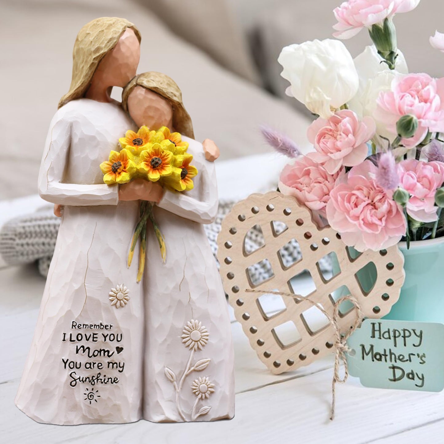 AUMELO Mom Birthday Gifts from Daughter, Gifts for Mom, Hand-Painted Mother Daughter Figurine Holding Sunflowers, 5.7" Resin Statue for Mothers Day, Christmas, Mother of The Bride