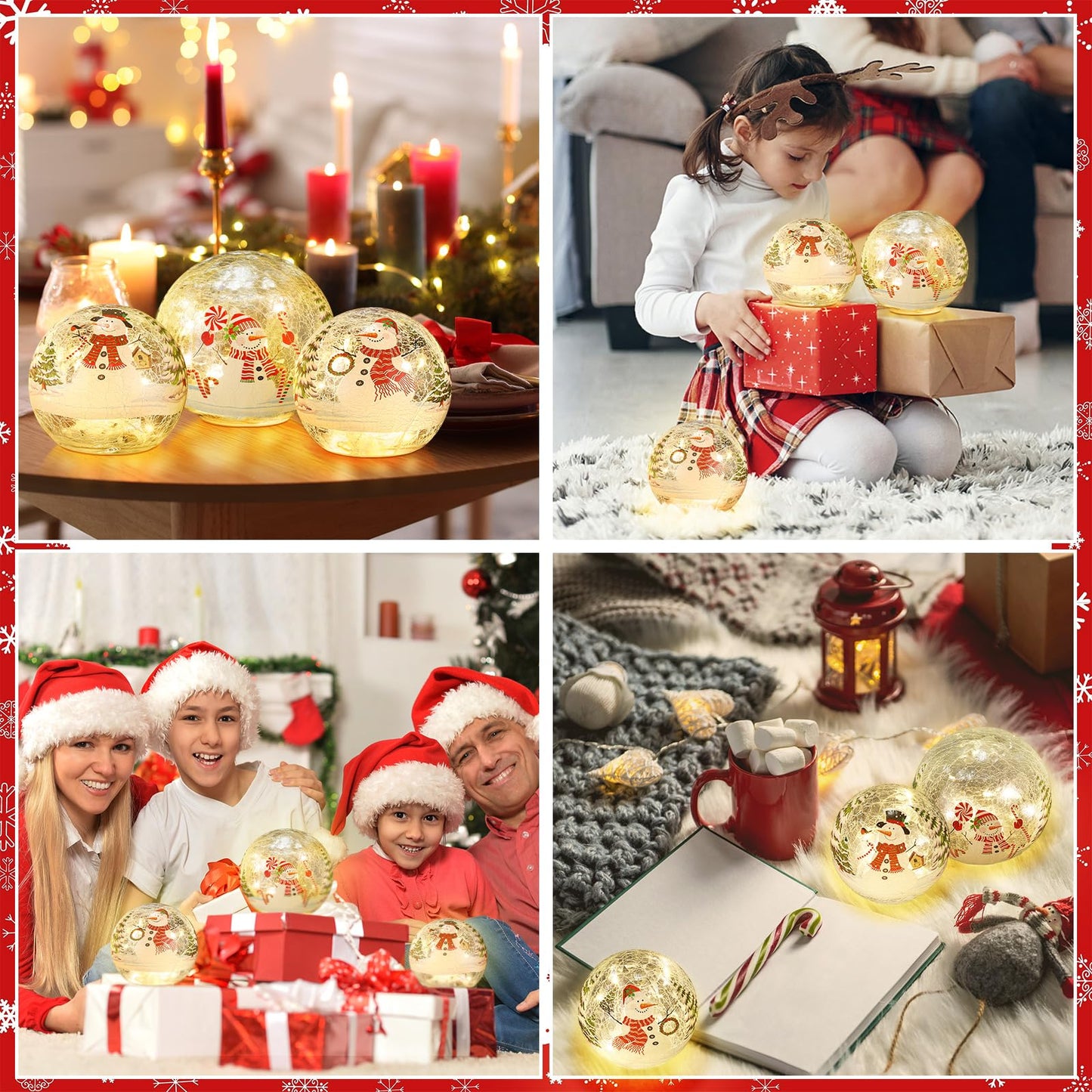 Soulchen 3 Pcs Christmas Decorations Indoor Snowman Globe Crackle Glass Ball Lamp with LED Lights Tabletop Xmas Decor Christmas Table Decorations for Home Fireplace Mantel
