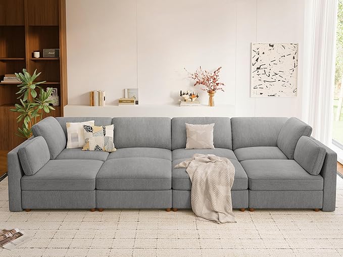 CUGOAO 153.4'' Modular Sectional Sofa Bed, Oversized Sectional Couch, Deep Seat Chenille Cloud Couch, Removable Cover, Mordern Upholstered Couches for Living Room, Apartment, Office, Grey