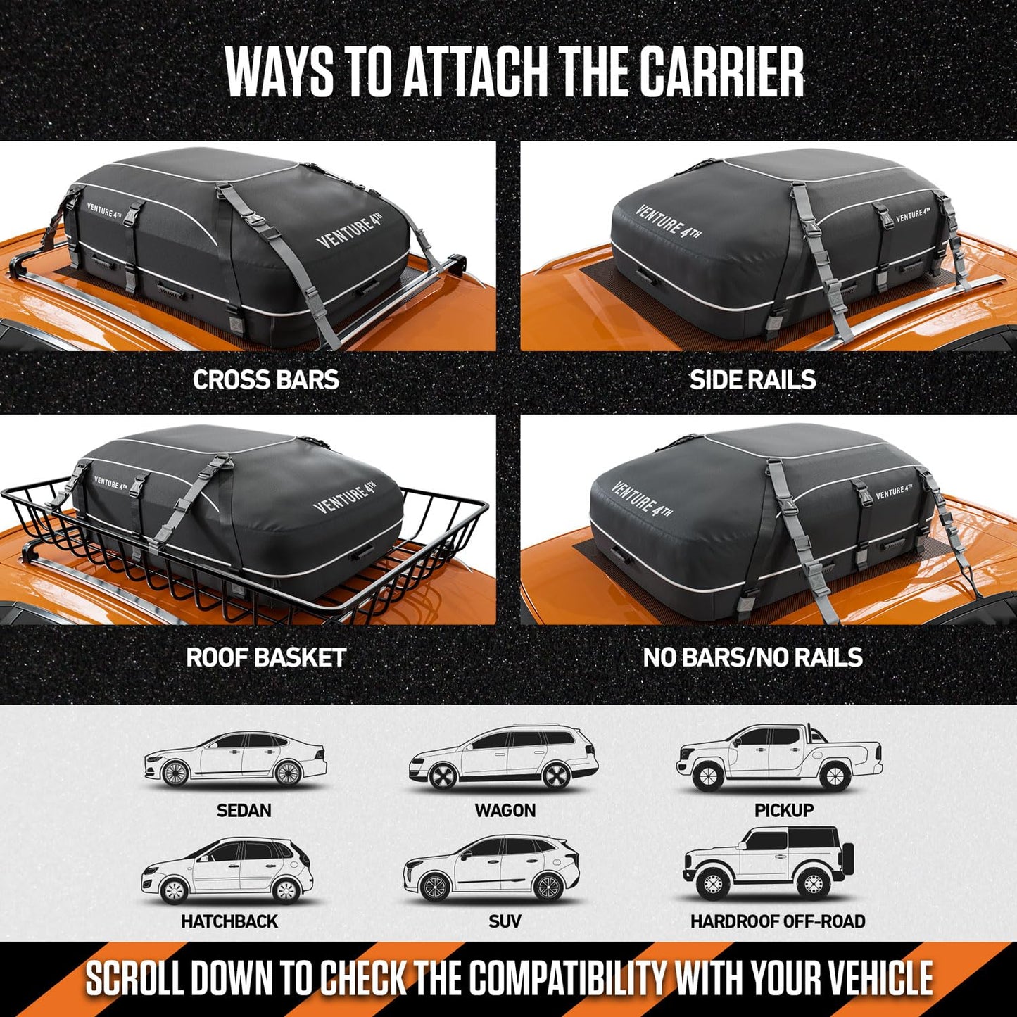 VENTURE 4TH Car Rooftop Cargo Carrier – 21 Cubic Feet Waterproof Roof Bag with 10 Heavy-Duty Compression & Tie-Down Straps, Anti-Slip Mat & Door Hooks – Fits Cars with or Without Roof Rack